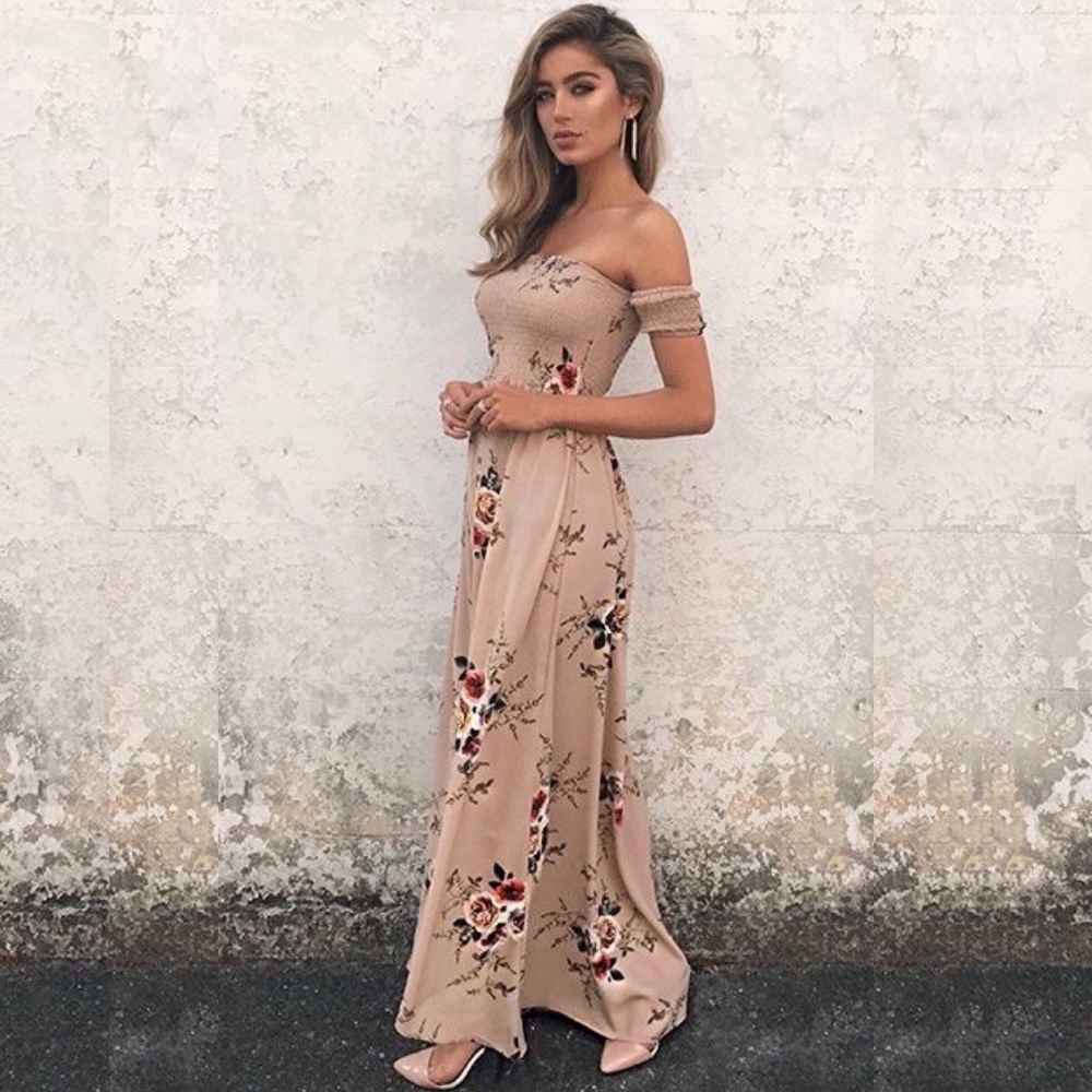 Faux Wrap Smocked Off Shoulder Floral Maxi Dress - Picture 3 of 8
